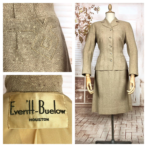 Wonderful Original 1940s Vintage Cream Lightweight Tweed Skirt Suit Tailoring