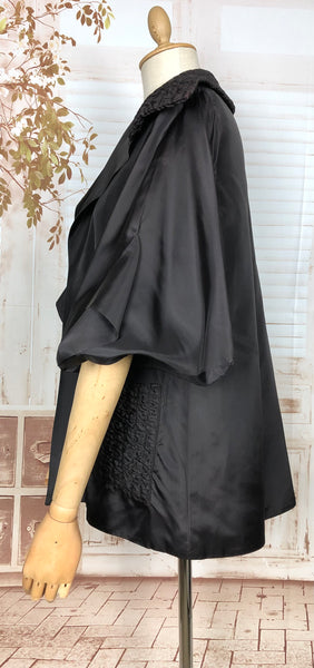 Amazing Original 1940s Vintage Black Evening Coat With Ruched Pockets And Huge Sculptural Bishop Sleeves