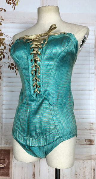 Incredible Original 1950s Turquoise And Hold Lurex Swimsuit Playsuit