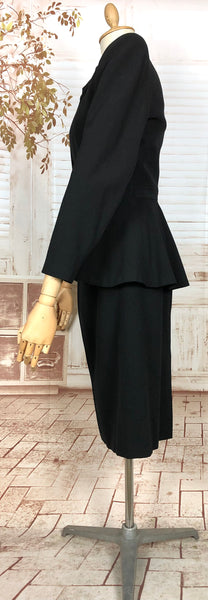 Exceptional Original 1940s Vintage Black Double Elevens Utility Suit With Lilli Ann Style Peplum