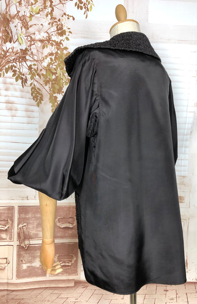 Amazing Original 1940s Vintage Black Evening Coat With Ruched Pockets And Huge Sculptural Bishop Sleeves