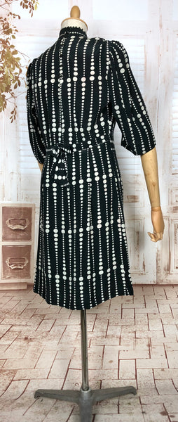 Wonderful Original 1930s Vintage Black And Cream Geometric Spot Silk Dress