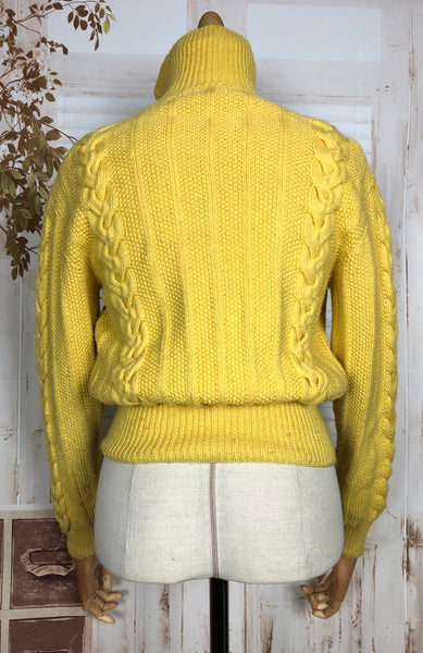 Amazing Original 1940s Vintage Bright Mustard Yellow Cable Knit Zip Front Cardigan