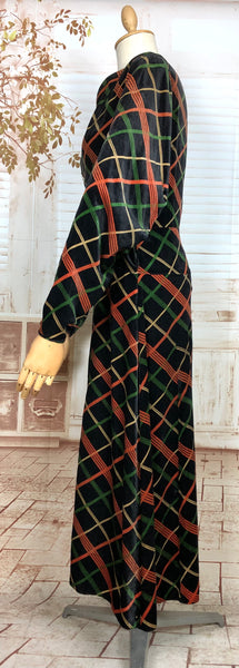 Exceptional Original 1930s Vintage Rust Orange, Green, Yellow And Black Plaid Asymmetrical Velvet Dress