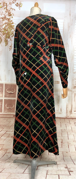 Exceptional Original 1930s Vintage Rust Orange, Green, Yellow And Black Plaid Asymmetrical Velvet Dress