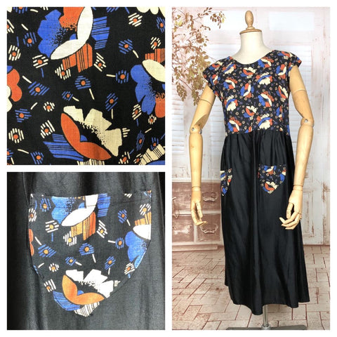 Stunning Original Late 1920s / Early 1930s Volup Vintage Stylised Floral Print Cotton Dress