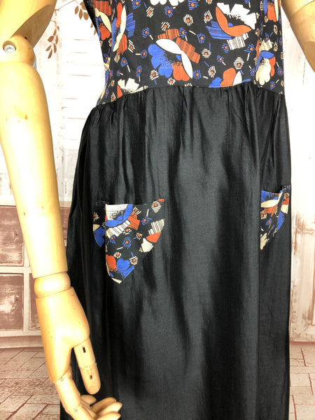 Stunning Original Late 1920s / Early 1930s Volup Vintage Stylised Floral Print Cotton Dress