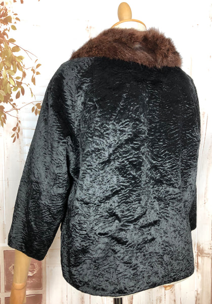 Beautiful Original 1960s Vintage Black Textured Velvet Coat With Mink Fur Collar