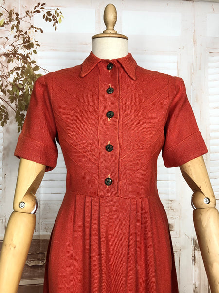 Vibrant Rust Orange Original 1930s Vintage Pin Tuck Detail Dress