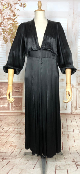 Exquisite Original Late 1930 / Early 1940s Black Silk Satin Dress With Huge Bishop Sleeves