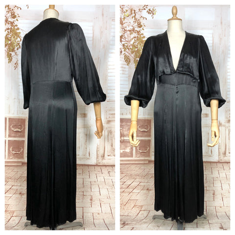 Exquisite Original Late 1930 / Early 1940s Black Silk Satin Dress With Huge Bishop Sleeves