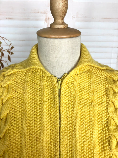 Amazing Original 1940s Vintage Bright Mustard Yellow Cable Knit Zip Front Cardigan