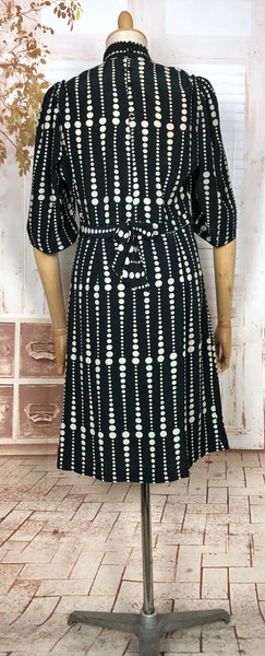 Wonderful Original 1930s Vintage Black And Cream Geometric Spot Silk Dress