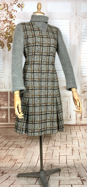 Fabulous Original 1960s Vintage Grey Wool Layered Plaid Dress With Integral Sweater