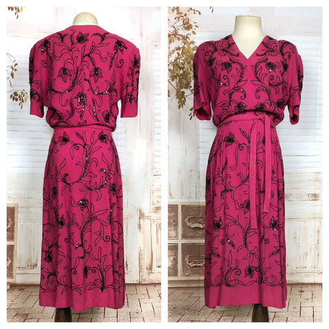 Incredible Original 1940s Vintage Fuchsia Pink Femme Fatale Dress With Black Embroidery And Sequins