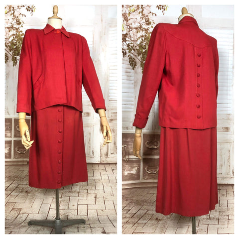 Exceptional Original 1940s Vintage Lipstick Red Swing Suit With Button Details