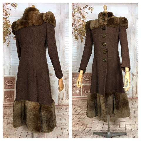 Exceptional Original 1930s Vintage Brown Fur Trimmed Princess Coat