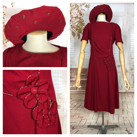 LAYAWAY PAYMENT 2 OF 3 - RESERVED FOR LINDSAY - Exquisite Original Late 1930s / Early 1940s Vintage Rich Red Beaded Crepe Dress With Matching Halo Hat