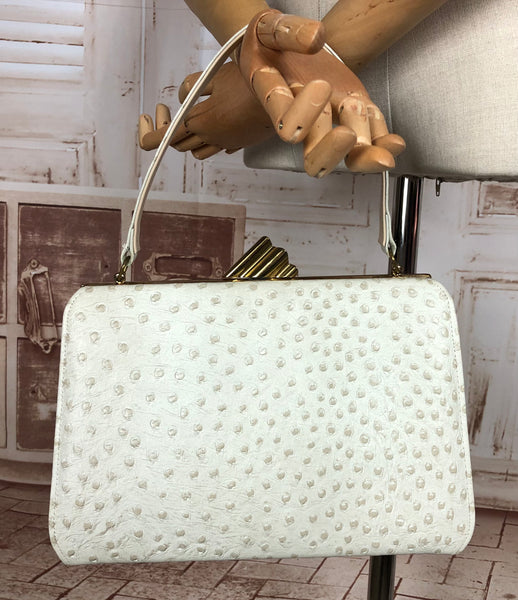 Amazing Late 1940s / Early 1950s White Ostrich Leather Hand Bag Purse