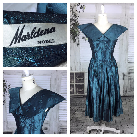 Original Vintage 1950s 50s Electric Blue Oversized Shoulder Collar Cocktail Dress