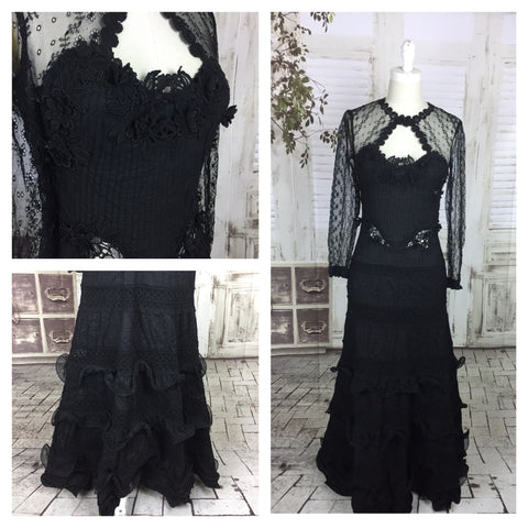 Original 1950s 50s Vintage Black Cotton And Lace Evening Gown Dress Stage Outfit