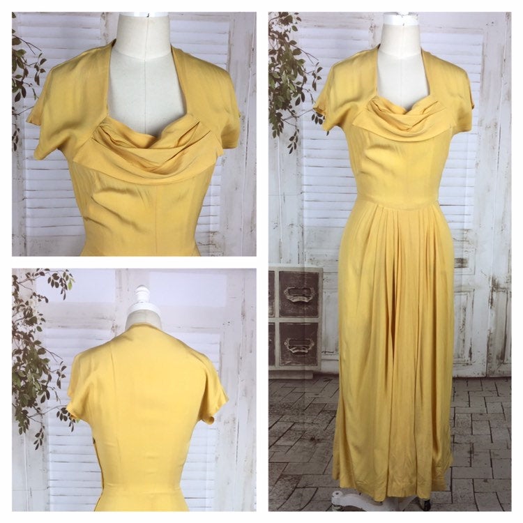 Original 1940s 40s Vintage Rayon Crepe Mustard Yellow Draped And Pleated  Evening Dress