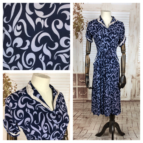 Original 1940s 40s Vintage Crepe Novelty Print Navy Blue And Lilac Crepe Day Dress