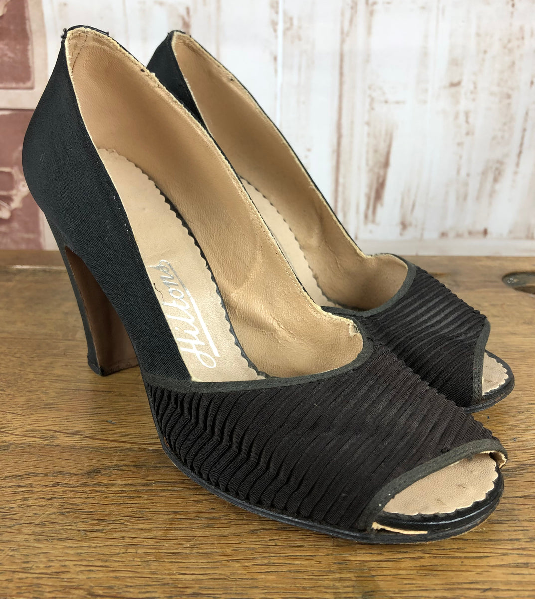 Fabulous Original 1930s Vintage Black Textured Satin Peep Toe Heels Black Sheep Antiques