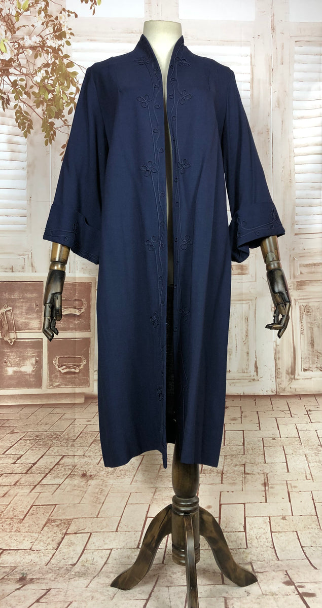 Small 1950s Clutch Coat Blue Satin Bracelet Cuff Wide Collar Batwing Sleeves