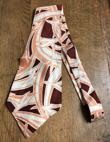 Fabulous Original 1940s Vintage Peach And Burgundy Abstract Pattern Rayon Swing Tie By Pilgrim