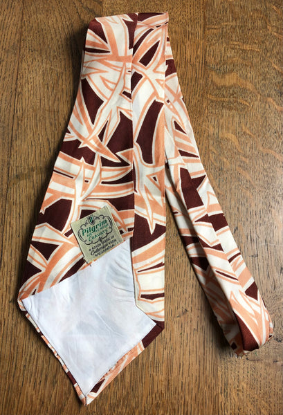 Fabulous Original 1940s Vintage Peach And Burgundy Abstract Pattern Rayon Swing Tie By Pilgrim
