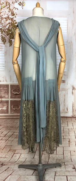 Super Rare Original 1920s Vintage Periwinkle Blue Chiffon Flapper Dress With Hold Lamé Lace