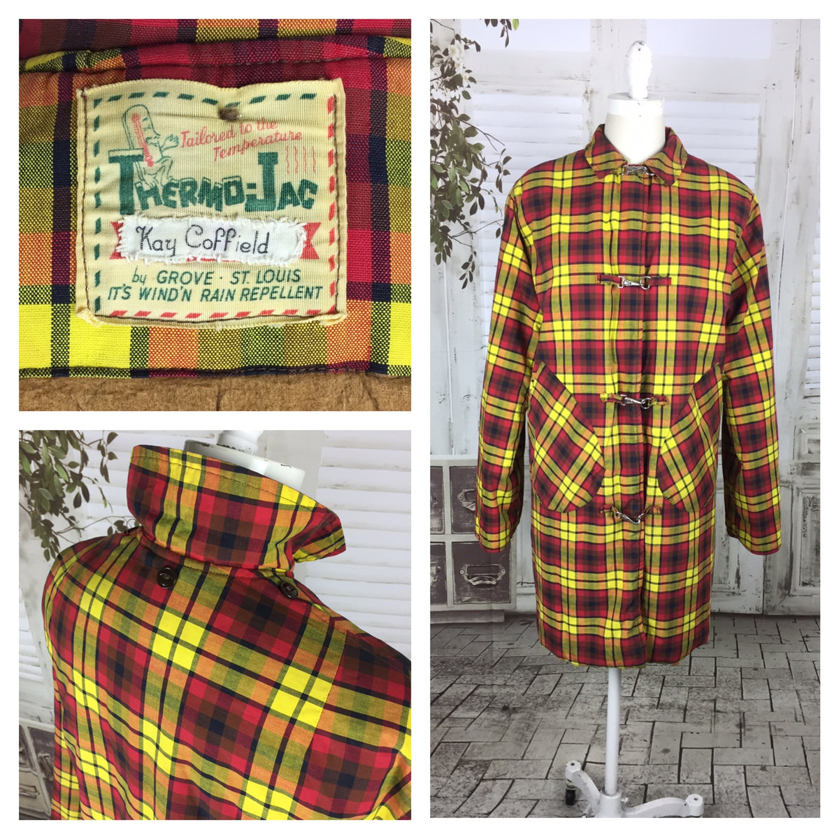 Original 1950s Vintage Mustard Yellow And Red Plaid Thermo Jac Padded Jacket