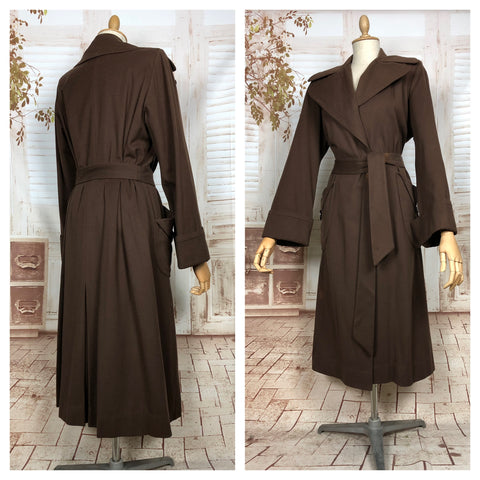 Wonderful Original 1940s Vintage Chocolate Brown Belted Wool Gabardine Princess Coat
