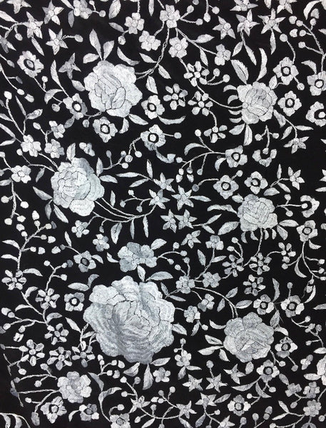 Original 1950s Black And White Floral Embroidered Shawl
