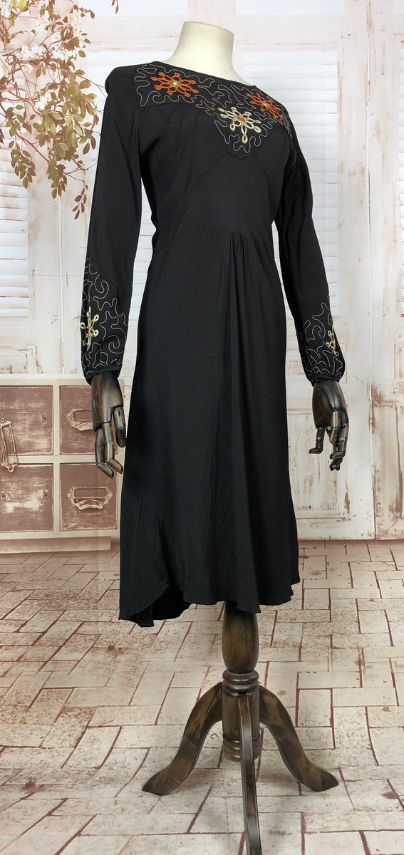 Amazing Original 1930s 30s Vintage Black Dress With Stunning Soutache  Embroidery And Bishop Sleeves