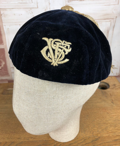 Gorgeous Original Late 1920s / Early 1930s Blue Velvet Smoking Cap With Huge Champagne Silver Tassel