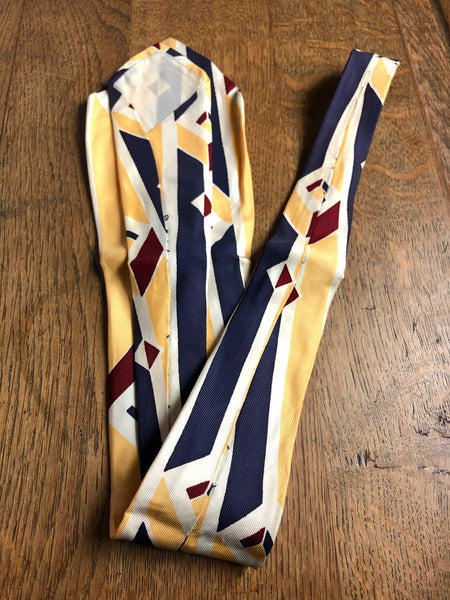 Fabulous Original Late 1940s Vintage Mustard Yellow Navy And Burgundy GeometricSwing Tie