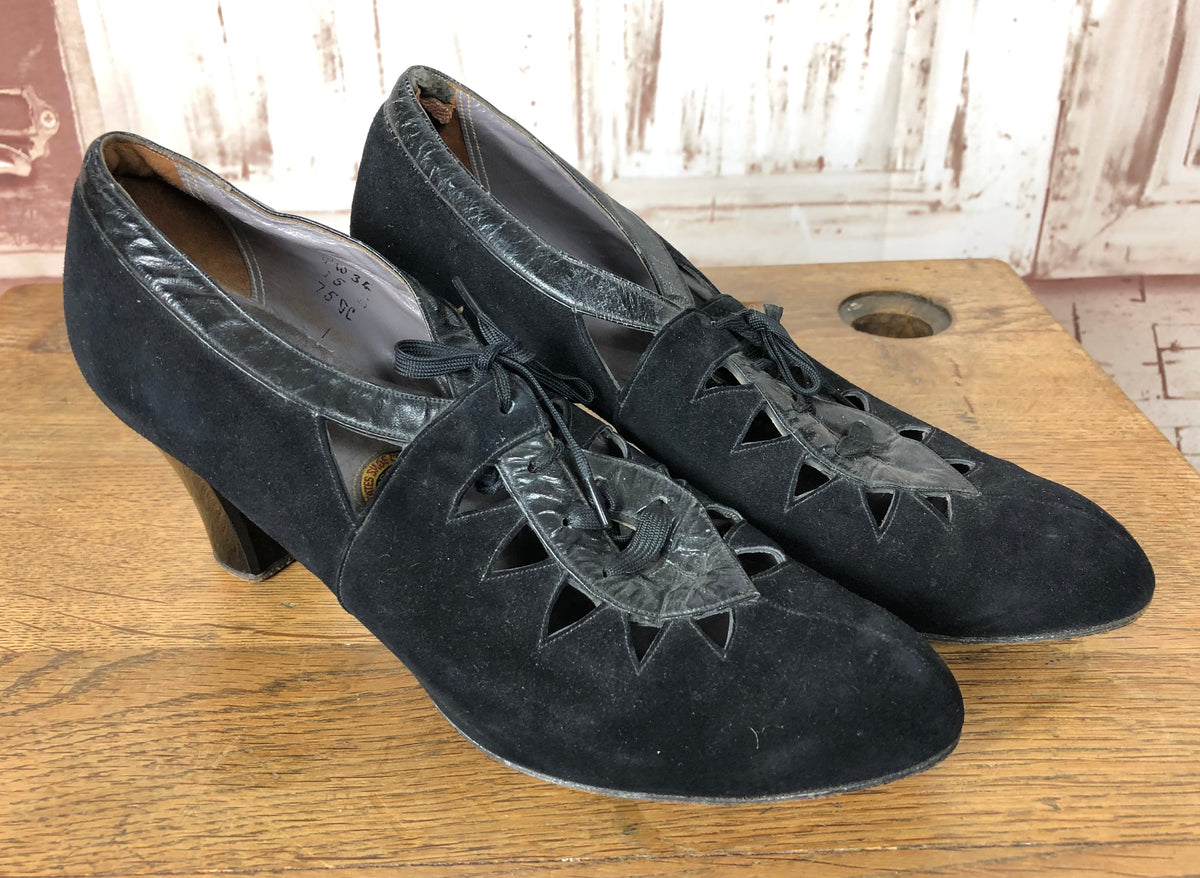 Vintage genuine 1940s black suede with leather detail everyday medium heel pumps - UK 6 - vintage 1930s 1940s black shops suede shoes