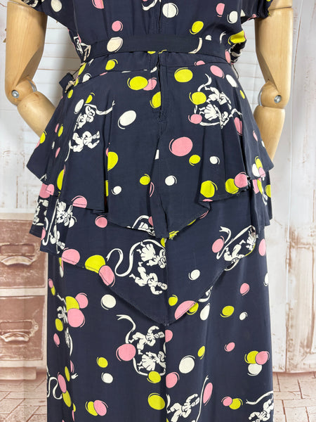 1940s Navy Cold Rayon Novelty Print Dress – Dancing Figures & Abstract Dot Print