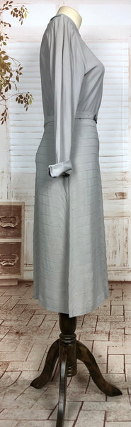 Wonderful Original 1940s Vintage Grey Crepe Dress With Chevron Pin Tuck Details