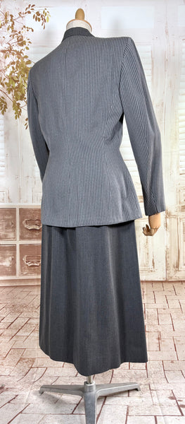 Sharply Tailored 1940s Grey Pinstripe Skirt Suit with Contrast Lapels