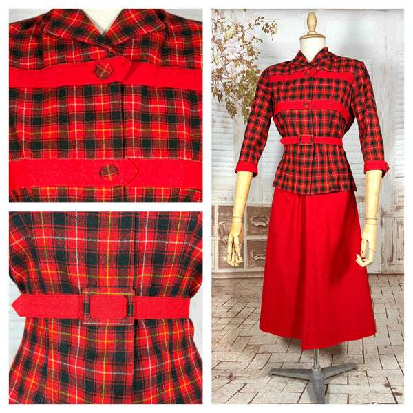 Fabulous 1940s Red And Black Plaid Skirt Suit