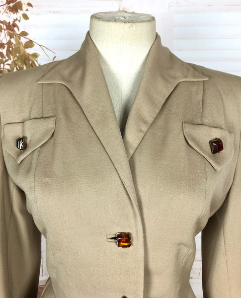 Fabulous Original 1940s Vintage Tan Beige Gabardine Peplum Skirt Suit