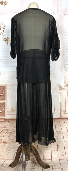 Fabulous Original 1930s Vintage Sheer Black Georgette Puff Sleeve Dress
