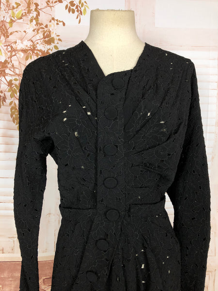 Beautiful Original 1940s Vintage Asymmetric Black Pierced Lace Dress