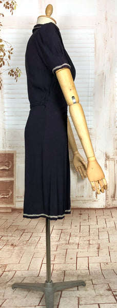 Fabulous Navy 1930s Dress With Puff Sleeves And Rouleau Trim