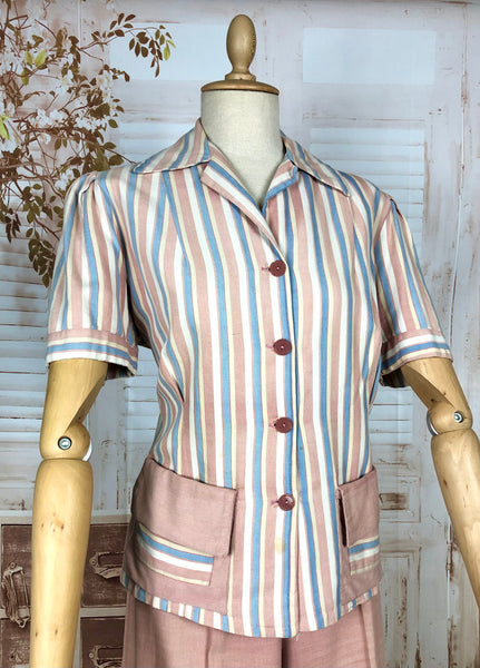 Super Rare Original Late 1930s / Early 1940s Volup Vintage Pink Candy Striped Denim Pant Suit By Edwin Blu Surf