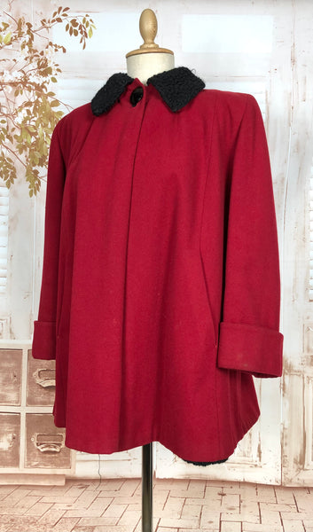 1940s Red Wool Swing Coat by Worth of Boston with Astrakhan Lining