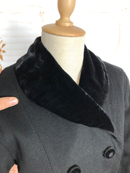 Fabulous Late 1940s Black Double Breasted Princess Coat With Belt Back
